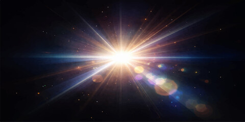 A bright sun glows in the blue galaxy sky as a shiny burst of energy and light rays creates a magic starry explosion background illustration © MDNUR