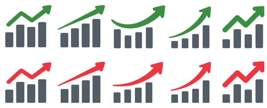 Set of bar chart icons with green and red arrows indicating positive and negative financial growth.
