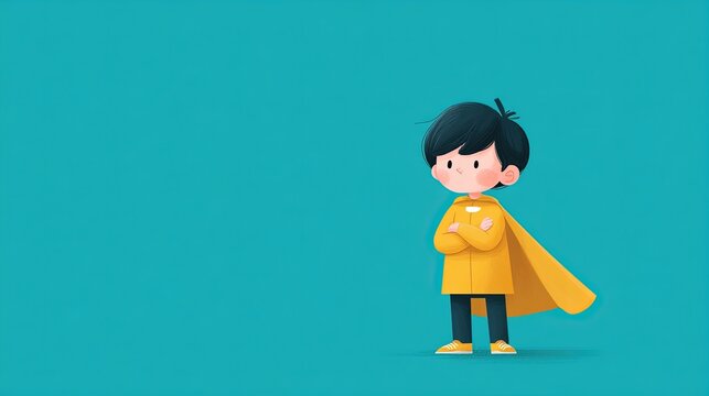 Cute cartoon boy wearing a yellow raincoat and cape, standing with arms crossed, looking to the side, simple flat vector illustration on a solid teal background