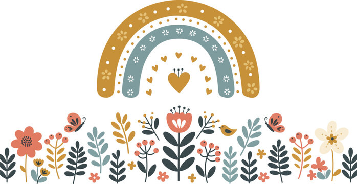 Vector illustration of an abstract floral background featuring a cute cartoon baby elephant with a heart and bird in a vintage nature pattern for a child greeting card design