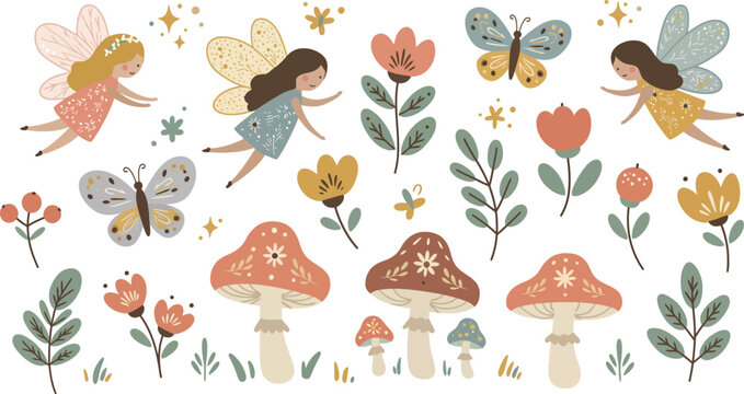 A cute cartoon vector illustration of a baby girl with pink floral patterns, summer flowers, and a set of spring nature icons like a butterfly, bee, and ladybug