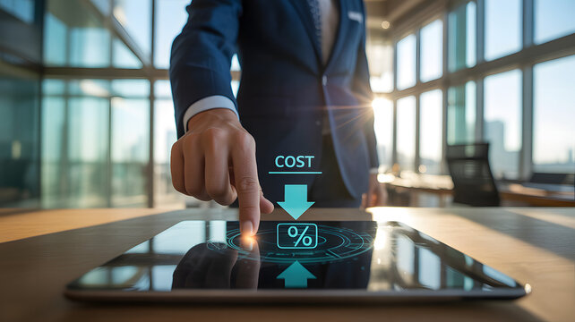 Businessman in a suit interacts with a digital tablet showing cost reduction and percentage increase in a modern office