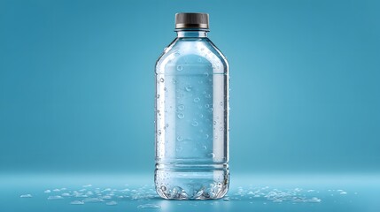 Obraz premium Clear Water Bottle on Blue Background with Condensation and Ice