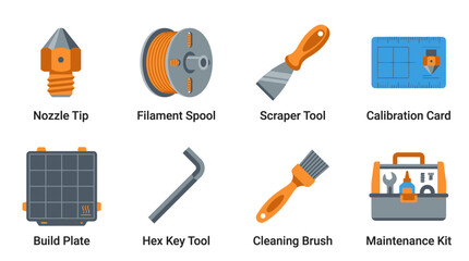 Naklejka premium Vector set of 3D printer tools and accessories on a clean workspace with nozzle tip, filament spool, scraper tool, and calibration card