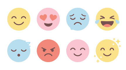 Naklejka premium A colorful vector set of emoticon faces expressing various emotions like happiness, love, and anger, arranged in two rows on a neutral background.