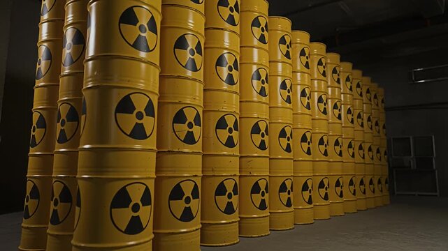 nuclear waste barrels stacked in storage facility