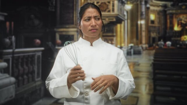 Woman chef wearing white coat holds whisk with both hands and frowns in ornate cathedral building; frustration doubt.