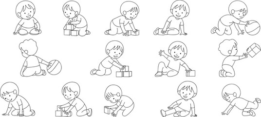 Fototapeta premium Baby, playing, poses, set, toddler, activities, crawling, sitting, blocks, ball, cute, kids, cartoon, vector, illustration, playful, collection, child, movements, isolated
