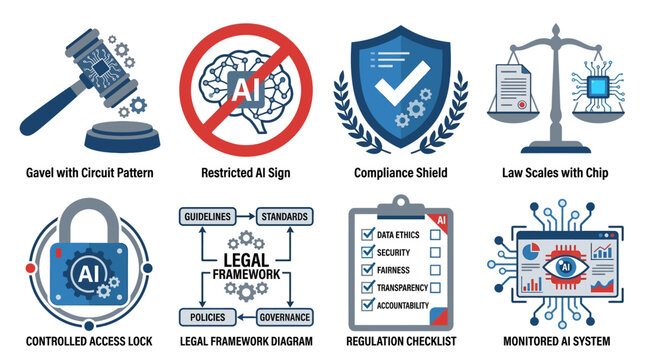Vector set of law and compliance icons featuring a gavel, restricted AI signs, compliance shield, and legal scales with chip for regulated industries and AI system security.