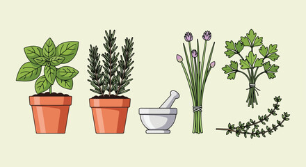 Obraz premium Herbs and Potted Plants with Mortar.