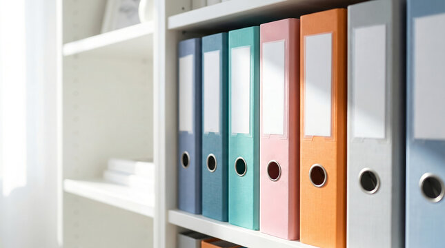 Colorful office ring binders, with white labels in a row, organized on a white shelf, bright indoor office, business stationery