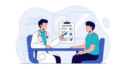 Fototapeta premium Doctor consulting patient about vaccination, medical consultation, healthcare, doctor's office