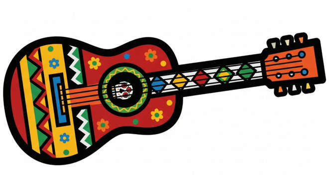 Colorful ukulele with intricate patterns and designs on body and neck musical instrument