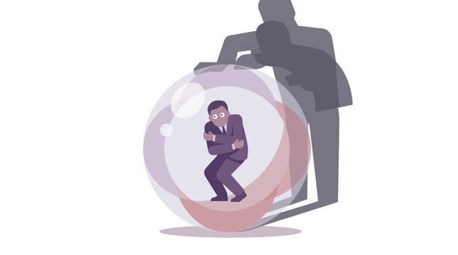 A man experiences discomfort inside a large bubble pushed by another man.