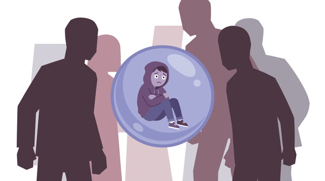 A woman experiences discomfort and feeling of isolation among a crowd of people.