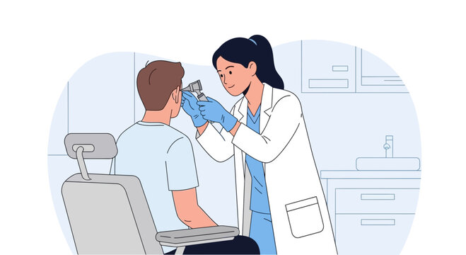 Doctor examining patient's ear with otoscope in clinic examination room