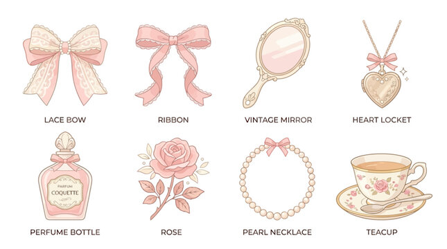 A vector set of feminine vintage items including a lace bow, ribbon, and heart locket on a neutral background with perfume bottle, rose, and teacup.