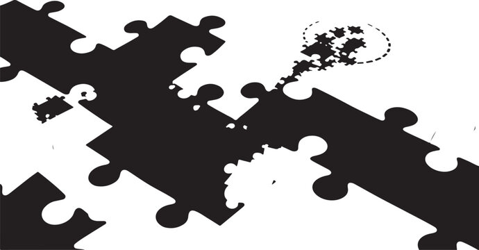 Jigsaw puzzle pieces falling apart on white background illustration
