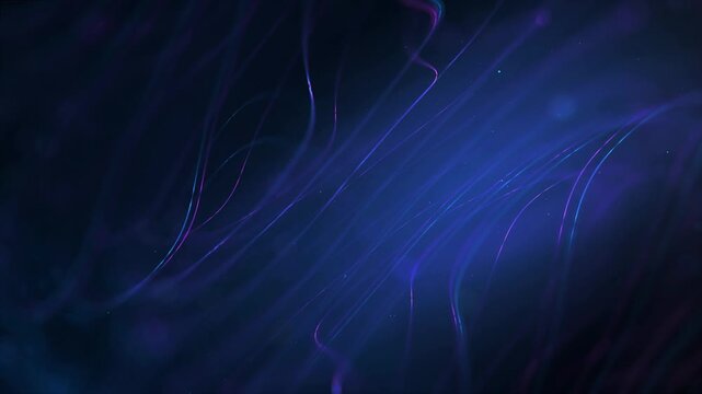 Vibrant blue and purple neon light trails on a dark background with glowing lines and particles moving in different directions dynamically