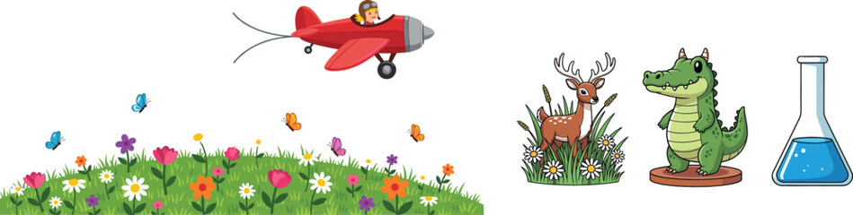 Obraz premium Red airplane flying over colorful flower meadow with deer crocodile and laboratory flask cartoon vector illustration collection