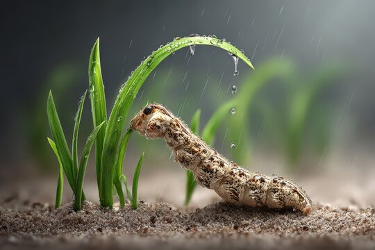Caterpillar hiding under green grass blades.