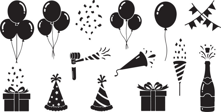 Black and white party celebration icons and symbols set