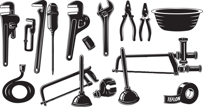 Collection of various plumbing tools and equipment in black