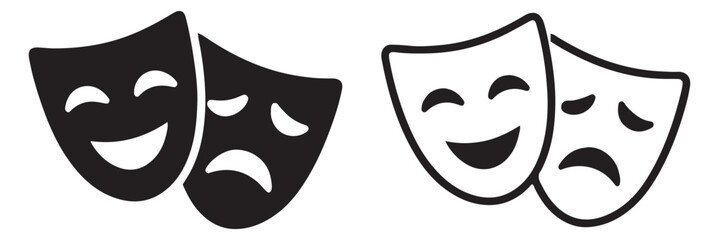Theater Masks Icon: Happy and Sad Faces Symbolizing Drama and Emotions. Theater drama, comedy and tragedy masks. Comedy and tragedy masks outline icon with theater drama symbol minimal line vector. ©  