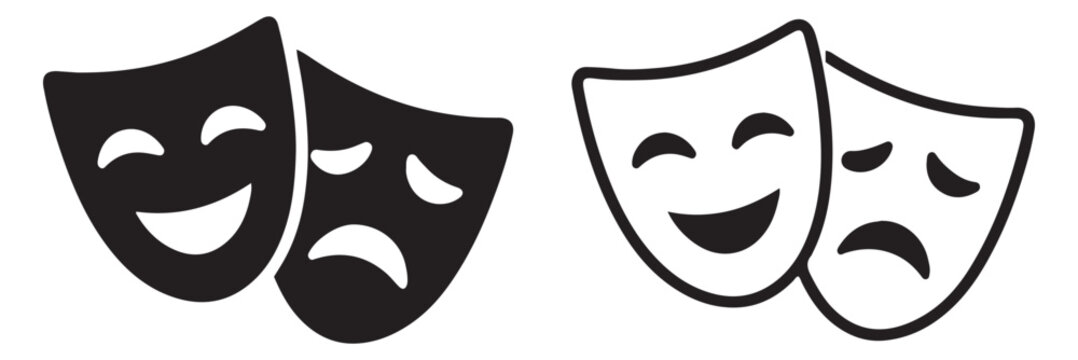 Theater Masks Icon: Happy and Sad Faces Symbolizing Drama and Emotions. Theater drama, comedy and tragedy masks. Comedy and tragedy masks outline icon with theater drama symbol minimal line vector.