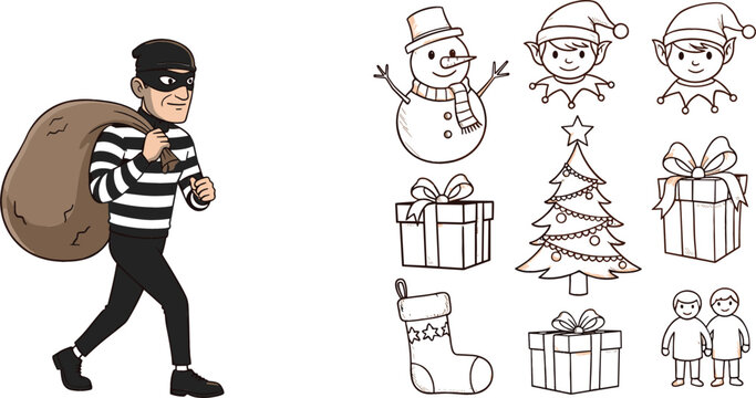 Cartoon burglar character with Christmas doodle icons including snowman gifts tree stocking and kids vector illustration collection