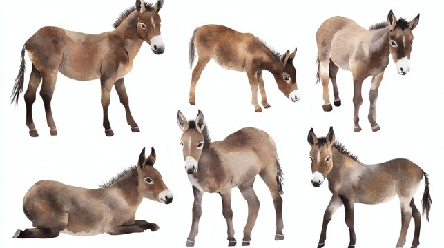 Six watercolor-style brown donkeys in various standing and lying poses, isolated on white background, realistic textured fur and soft shadows