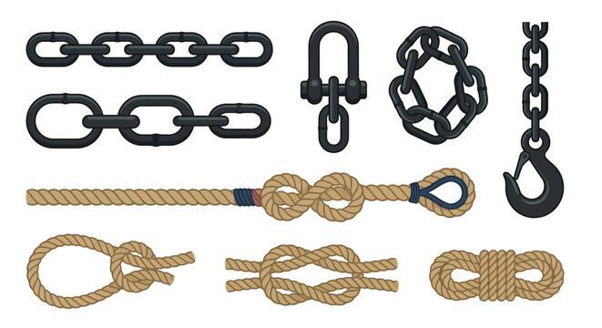 A collection of metal chains shackles ropes and knots isolated on white