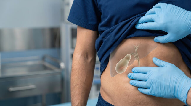 Gallbladder abdominal pain anatomy surgery healthcare patient examination doctor medical concept shown male abdomen during clinical examination with blue gloves hospital room suggesting diagnosis