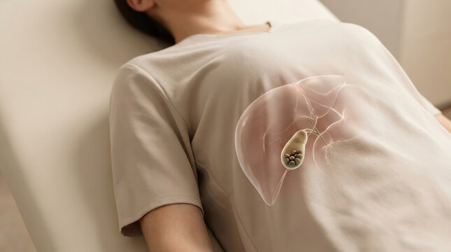 Gallbladder gallstone abdominal pain liver digestive system healthcare Medical concept photo of adult man lying bed with gallbladder and gallstone overlay highlighting abdominal pain and liver