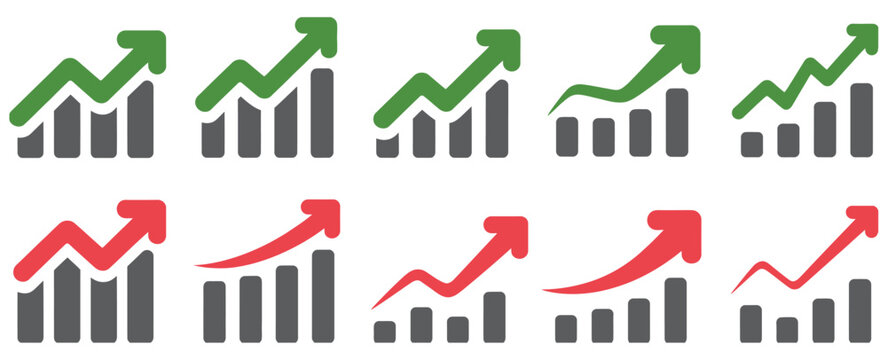 Set of bar chart icons with green and red arrows indicating financial growth and decline.