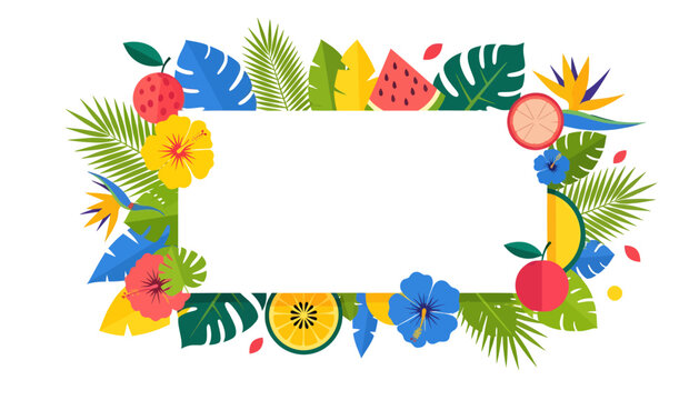 Tropical floral frame with vibrant fruits and exotic leaves for summer design and travel advertisement