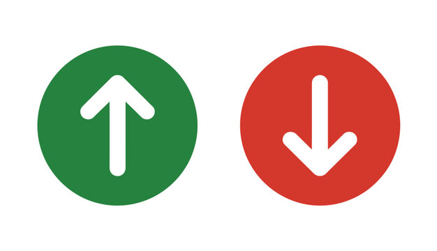 Green up arrow and red down arrow icons symbolizing growth and decline in business or finance.