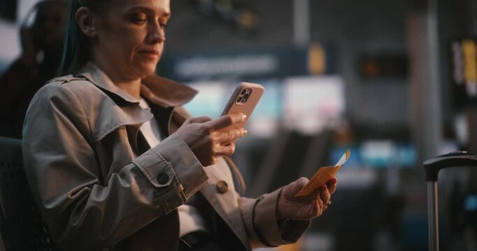 Female Traveler Holds Yellow Boarding Pass in Front Smartphone. Passengers Use Both Printed Documents and Mobile Apps Verify Flight Information, Gate Numbers, Departure Times For Stress Free Journey.