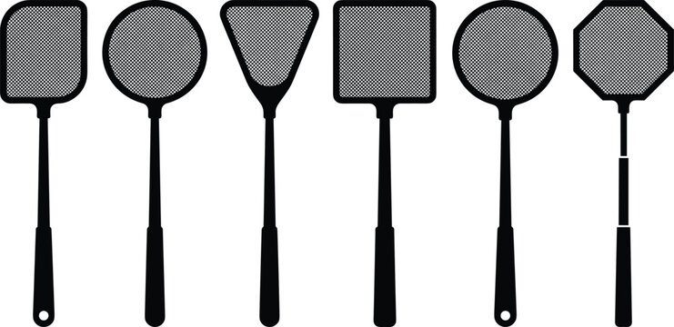 Black silhouette vector set of various fly swatters with mesh heads in different geometric shapes including round square and octagon for pest control design elements.