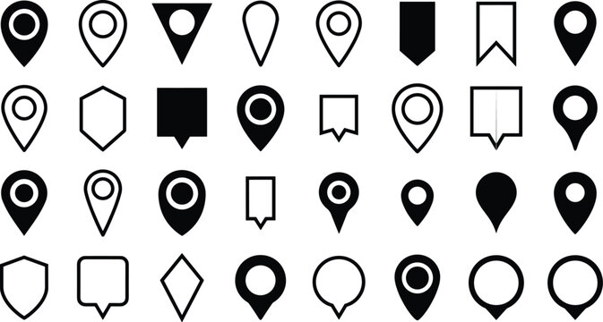 Black silhouette vector icon set of map pins and location markers in various geometric shapes like circle square and diamond for navigation ui design.