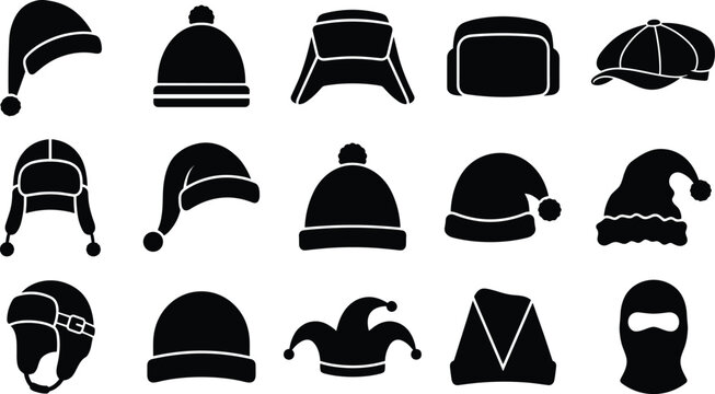 Black silhouette vector set of various winter hats and headwear icons including beanies santa hats earflap ushankas jester and balaclava for seasonal fashion design.
