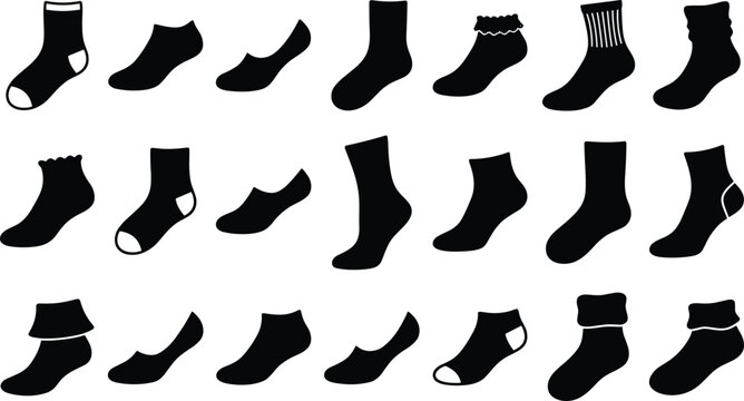 Black silhouette vector set of various socks including ankle crew and knee high lengths with different styles for clothing fashion and apparel design icons.