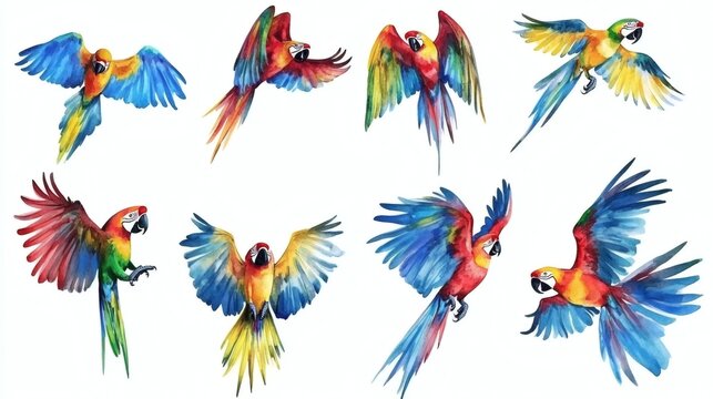 Watercolor illustrations of colorful macaw parrots in various flying poses against white background