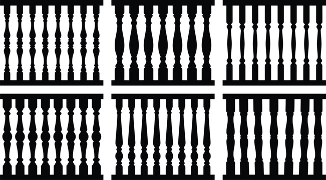Large set of black balustrade silhouettes including classic turned balusters and railing sections isolated on white background vector icons for architectural and home design.