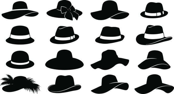 Large collection of black hat silhouettes including fedoras sun hats and summer beach headwear isolated on white background vector icons for fashion and apparel design.
