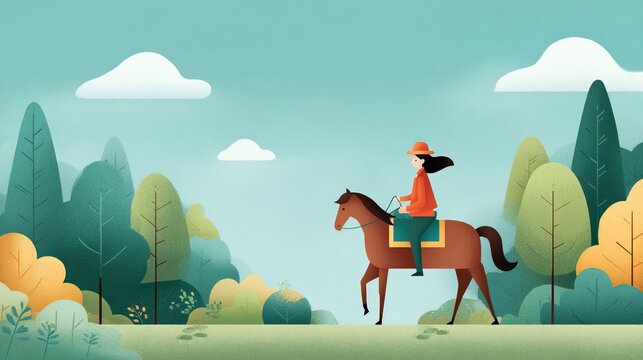 A stylized illustration of a person wearing an orange hat and jacket riding a brown horse through a peaceful forest landscape with soft clouds in the sky