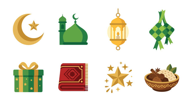 Vector set of festive Islamic icons and symbols including a mosque, lantern, and gift box for Ramadan celebrations.