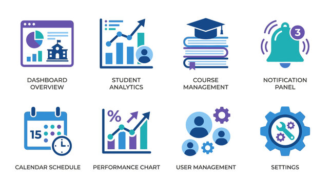 A vector set of educational icons featuring dashboard overview, student analytics, course management, and more for an e-learning platform.