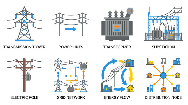Vector set of various power infrastructure icons including transmission tower, power lines, transformer, substation, electric pole, grid network, energy flow and distribution node.