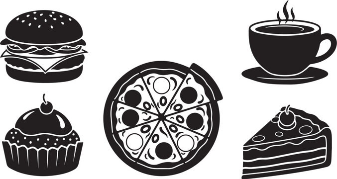 Food icons set with pizza, burger, cake, cupcake, coffee